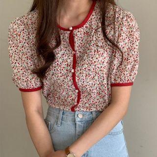 Balloon-sleeve Floral Print Blouse Red - One Size