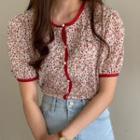 Balloon-sleeve Floral Print Blouse Red - One Size