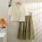 Set: Embroidered V-neck Crop Shirt + Mesh Midi Skirt Almond - One Size