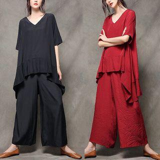 Set: Elbow-sleeve Top + Straight Fit Pants