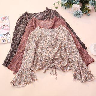 Long-sleeve Floral Print Drawstring Top