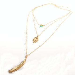 Alloy Feather & Leaf Pendant Layered Necklace