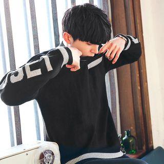 V-neck Lettering-sleeve Contrast-trim Knit Top