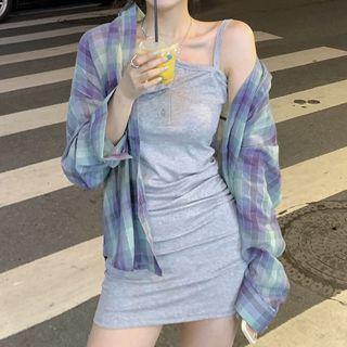 Long-sleeve Button-up Check Shirt / Sleeveless Sheath Dress