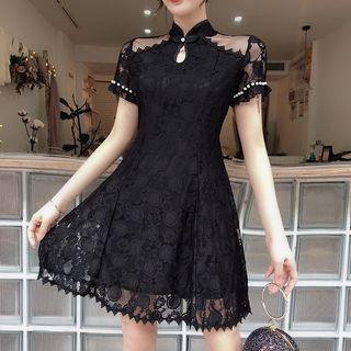 Short-sleeve Collared Lace Embroidered Mini Dress