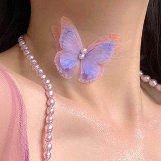 Faux Pearl Butterfly Fishing Line Choker 0408a - Choker - Purple - One Size