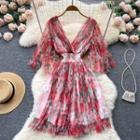 Elbow-sleeve V-neck Print Mesh Mini A-line Dress
