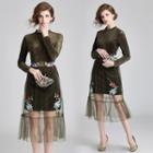 Set: Long-sleeve Velvet Mini Dress + Sheer Midi Skirt