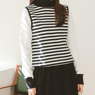 Turtle-neck Paneled Striped Sweater