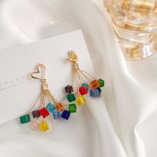 Asymmetrical Alloy Heart Glass Cube Fringed Earring 1 Pair - 925 Silver - Green & Purple & Pink - One Size