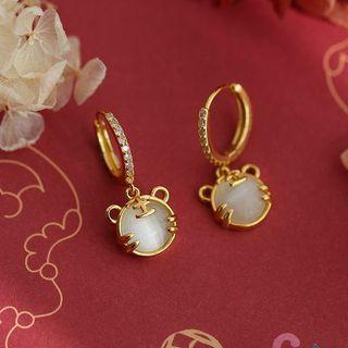 Tiger Faux Cat Eye Stone Rhinestone Sterling Silver Dangle Earring