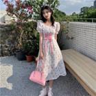 Short-sleeve Flower Print Lace Up Midi A-line Dress Pink Floral - White - One Size