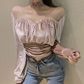 Off-shoulder Mesh-panel Ruched Plain Top