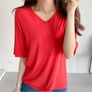 Elbow-sleeve Plain T-shirt Scarlet- One Size