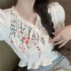 Puff-sleeve Floral Embroidered Blouse White - One Size