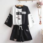 Long-sleeve Printed Color Block T-shirt / Embroidered Shorts / Set