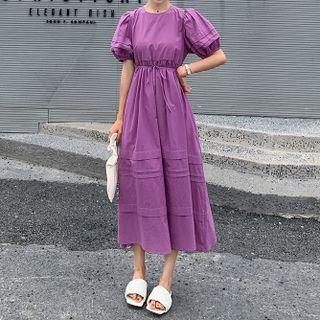 Puff Sleeve Plain Tie-waist Midi A-line Dress