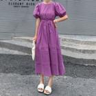 Puff Sleeve Plain Tie-waist Midi A-line Dress