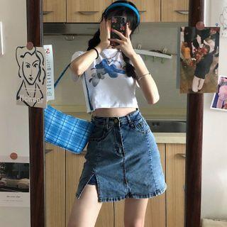 Short-sleeve Bear Print T-shirt / Denim Mini Pencil Skirt