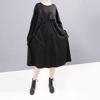 Zip Detail Long-sleeve Midi Shift Dress Black - One Size