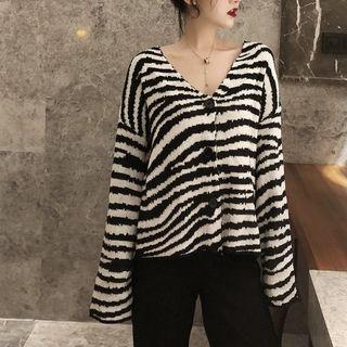 V-neck Long-sleeve Knit Cardigan As Shown In Figure - One Size