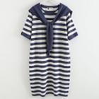 Short-sleeve Cape Striped Midi Dress Navy Blue - One Size