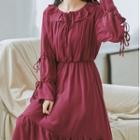 Drawstring Long-sleeve Tiered Midi A-line Dress