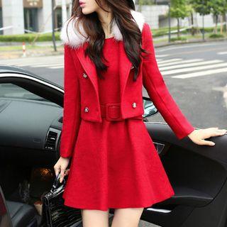 Set: Sleeveless A-line Dress + Furry Collar Jacket