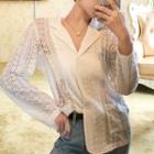 Plain Lace Cut Out Long-sleeve Top White - One Size
