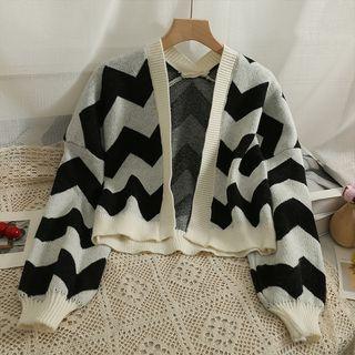 Open-front Wave-pattern Cardigan Almond - One Size