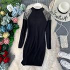 Lace Panel Long-sleeve Knit Sheath Dress Black - One Size