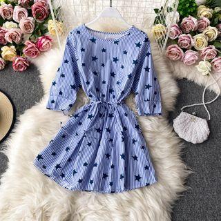 Round-neck Star Printed Pinstripe A-line Dress