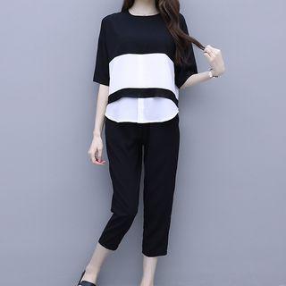 Set: Two-tone Elbow-sleeve Blouse + Capri Pants