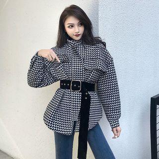 Stand Collar Houndstooth Tie-waist Jacket