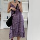 Spaghetti Strap Asymmetric Floral A-line Midi Dress Purple - One Size