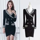 Gathered-waist Long-sleeved Houndstooth A-line V-neck Dress