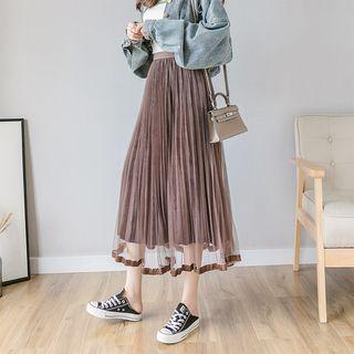 Mesh Panel Midi Accordion Pleat Skirt