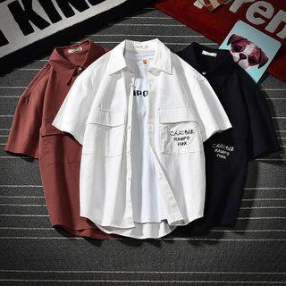 Letter Embroidered Flap-pocket Short-sleeve Shirt