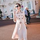 Pleated Double Breasted Long Sleeve Coatdress