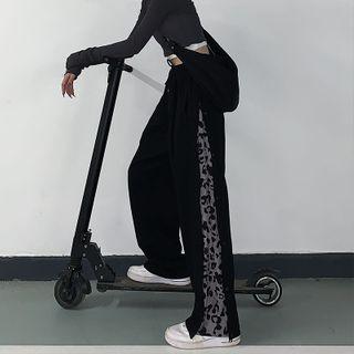 Leopard Print Panel Button-side Wide-leg Pants