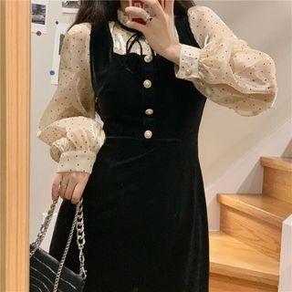 Long-sleeve Mock Two-piece Dot Print Midi Dress