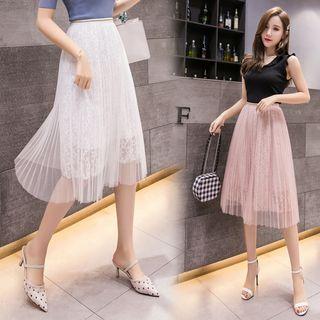 Pleated Mesh Overlay Star Patterned Lace A-line Skirt