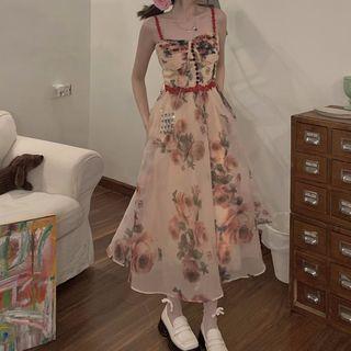 Spaghetti-strap Rose Print Mesh A-line Dress