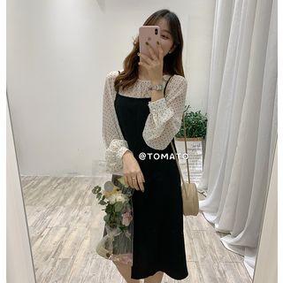Set: Dotted Lantern-sleeve Blouse + Irregular Hem Spaghetti Strap Dress As Shown In Figure - One Size