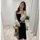 Set: Dotted Lantern-sleeve Blouse + Irregular Hem Spaghetti Strap Dress As Shown In Figure - One Size