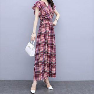 Cap-sleeve Plaid Wide-leg Jumpsuit