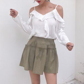 Ruffle Trim Cut Out Shoulder Long Sleeve Top / Plain A-line Skirt