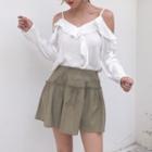 Ruffle Trim Cut Out Shoulder Long Sleeve Top / Plain A-line Skirt