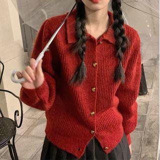 Collared Plain Cardigan Red - One Size