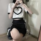Short-sleeve Cutout Heart T-shirt / Lace-up Mini Skirt